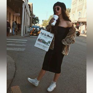 REFORMATION Black Ribbed Off The Shoulder Midi Dress